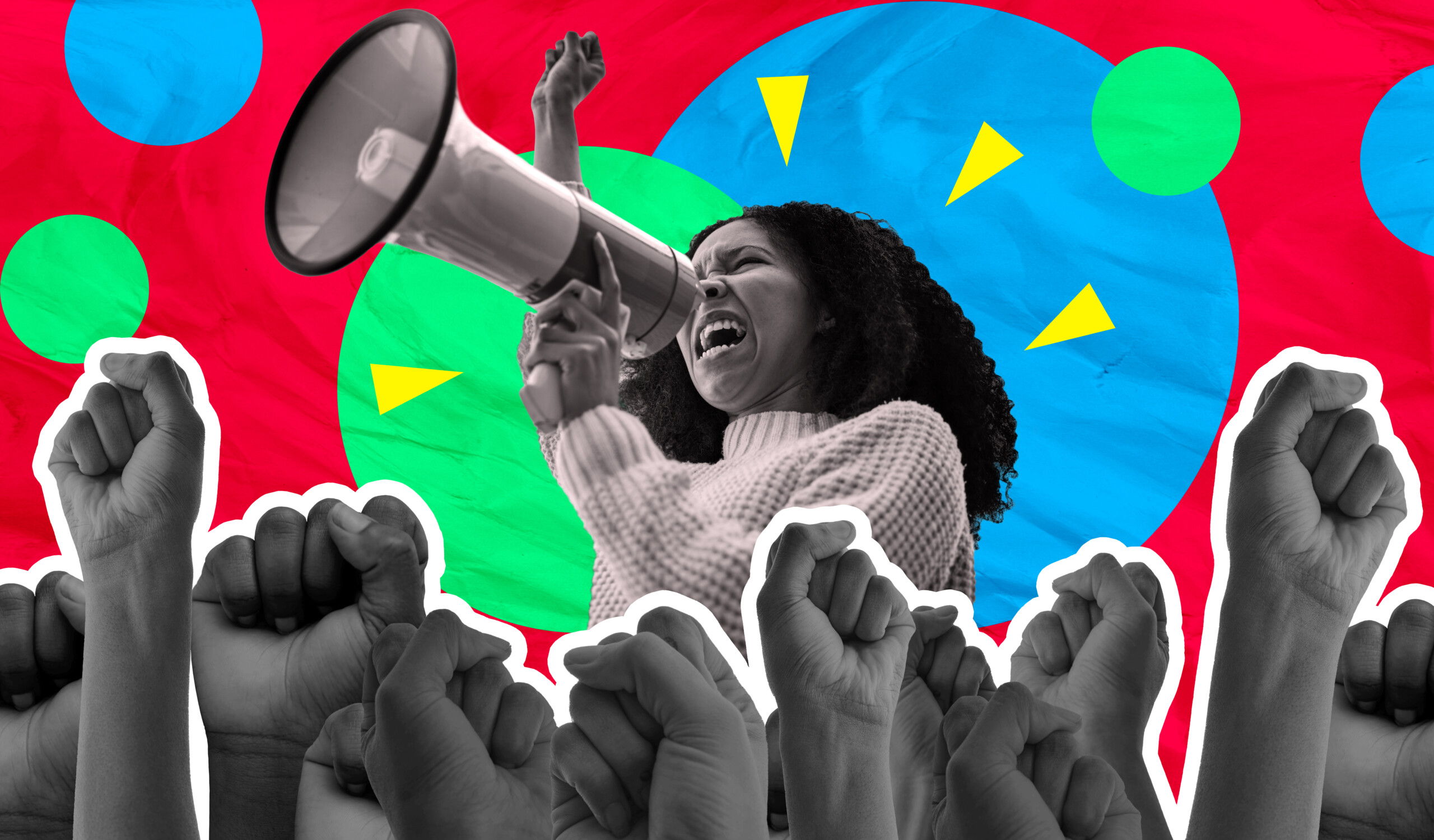 Megaphone, protest and woman voice isolated on red background for human rights, strong opinion or broadcast. Speech, fist and gen z people for power, call to action.
